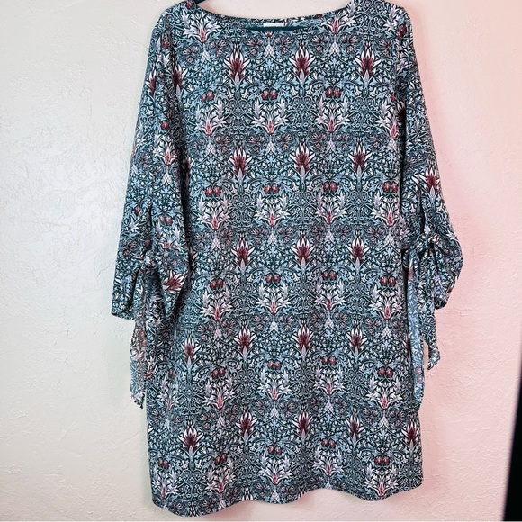 MORRIS & Co X H&M PATTERNED SHIFT DRESS TEAL GREEN BLUE 3/4 SLEEVES SIZE 14 - Picture 3 of 9